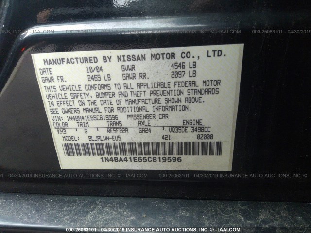 1N4BA41E65C819596 - 2005 NISSAN MAXIMA SE/SL BLACK photo 9