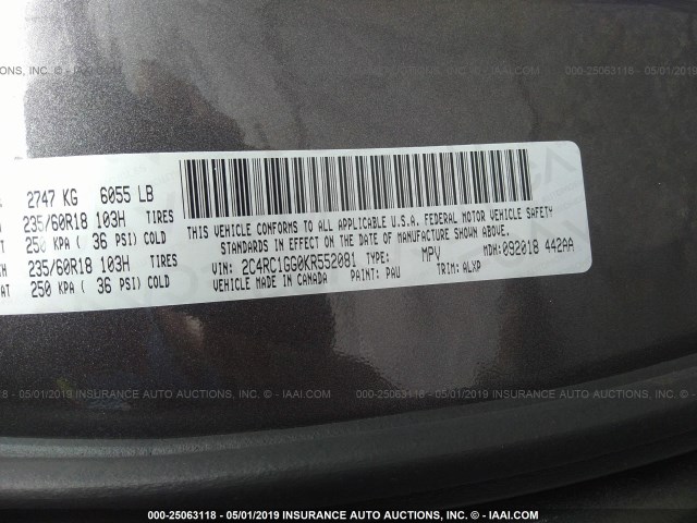 2C4RC1GG0KR552081 - 2019 CHRYSLER PACIFICA LIMITED GRAY photo 9