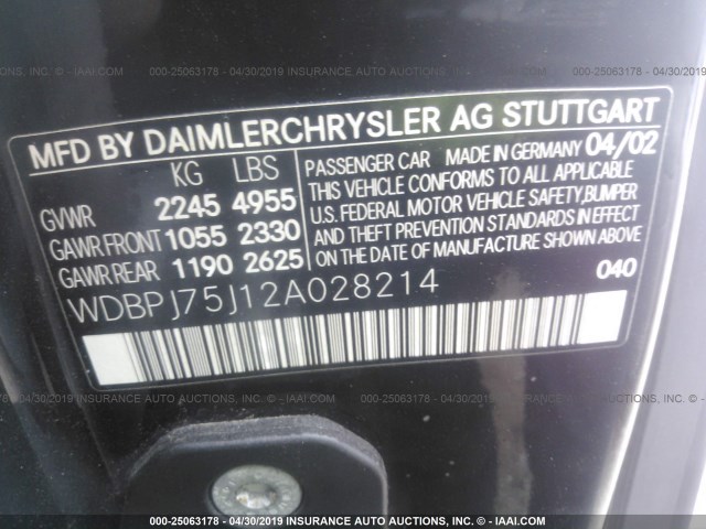 WDBPJ75J12A028214 - 2002 MERCEDES-BENZ CL BLACK photo 9