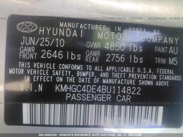 KMHGC4DE4BU114822 - 2011 HYUNDAI GENESIS 3.8L SILVER photo 9