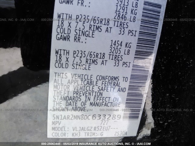 5N1AR2MN8DC633289 - 2013 NISSAN PATHFINDER S/SV/SL/PLATINUM Черный фото 9