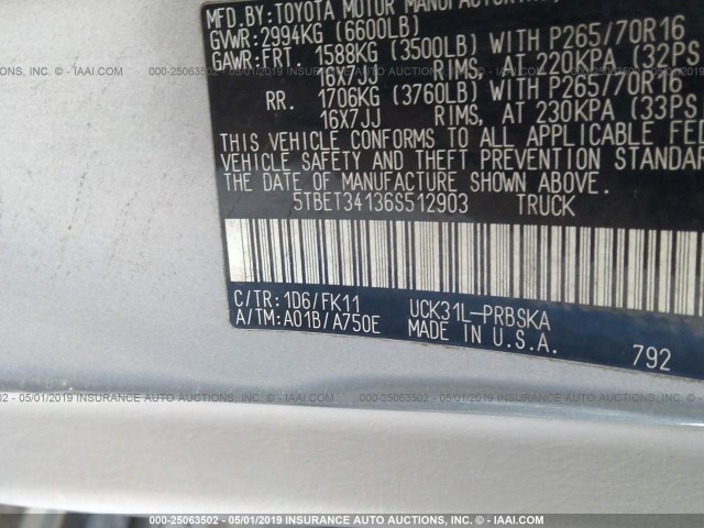 5TBET34136S512903 - 2006 TOYOTA TUNDRA DOUBLE CAB SR5 GRAY photo 9