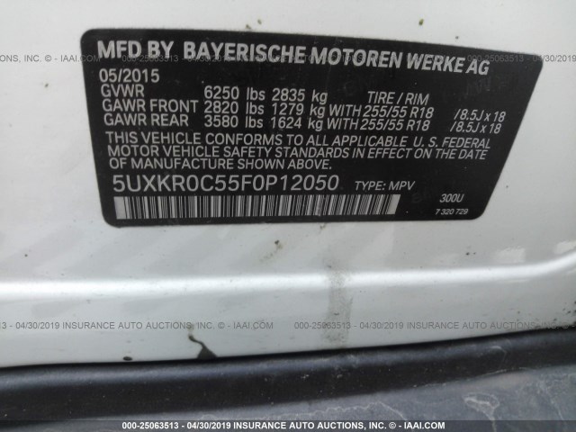 5UXKR0C55F0P12050 - 2015 BMW X5 XDRIVE35I WHITE photo 9