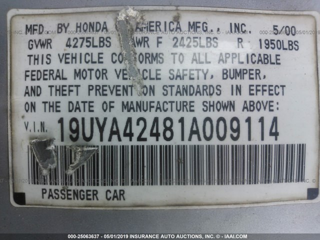 19UYA42481A009114 - 2001 ACURA 3.2CL SILVER photo 9