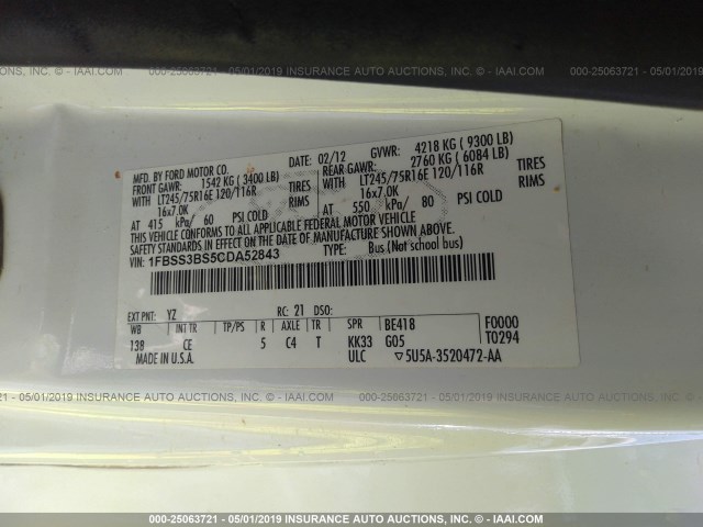 1FBSS3BS5CDA52843 - 2012 FORD ECONOLINE E350 SUPER DUTY WAGON WHITE photo 9