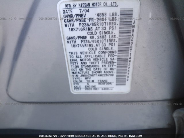 JN8AZ08T14W226709 - 2004 NISSAN MURANO SL/SE SILVER photo 9