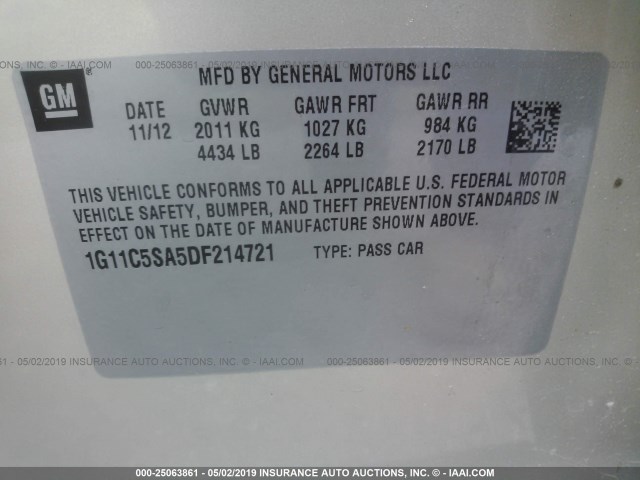 1G11C5SA5DF214721 - 2013 CHEVROLET MALIBU 1LT 米色 照片 9