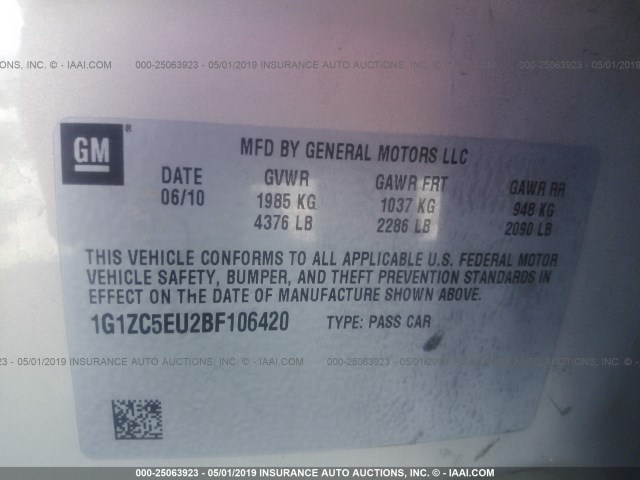 1G1ZC5EU2BF106420 - 2011 CHEVROLET MALIBU 1LT 奶油色 照片 9