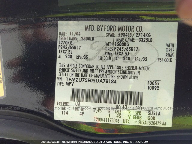 1FMZU75E05UA78184 - 2005 FORD EXPLORER LIMITED BLACK photo 9