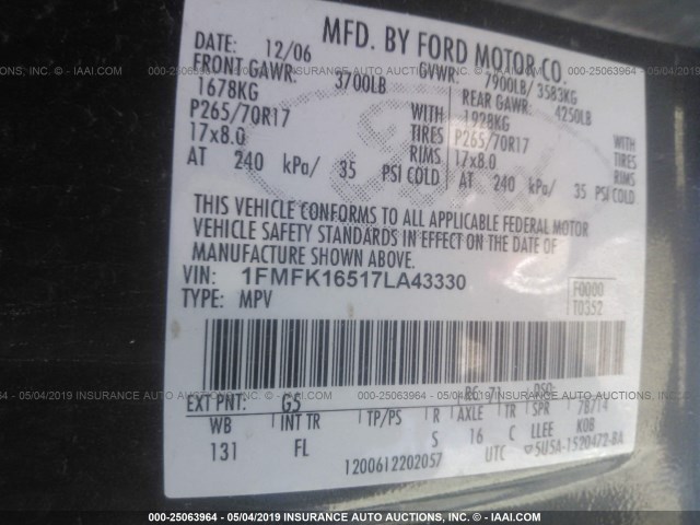 1FMFK16517LA43330 - 2007 FORD EXPEDITION EL XLT BLACK photo 9