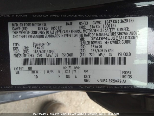 3FADP4EJ2EM103291 - 2014 FORD FIESTA SE BLACK photo 9