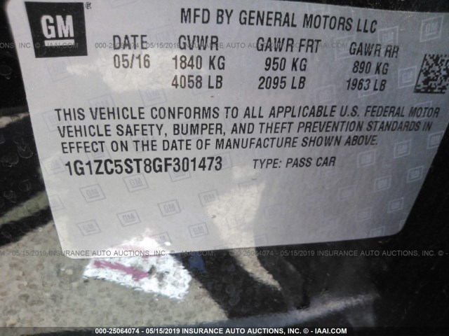 1G1ZC5ST8GF301473 - 2016 CHEVROLET MALIBU LS BLACK photo 9