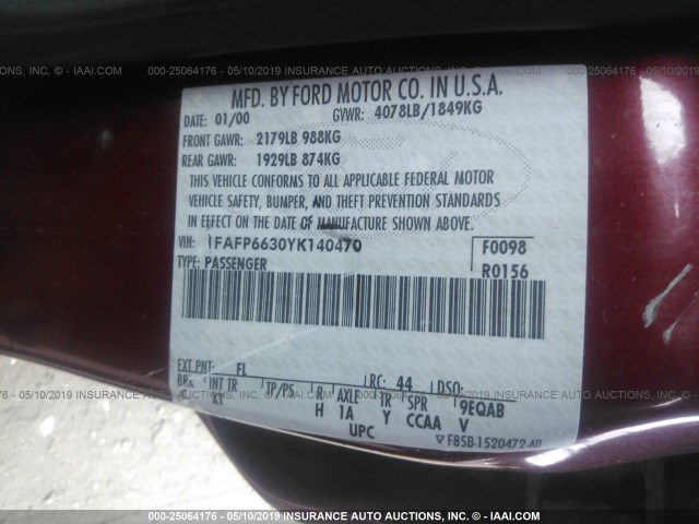 1FAFP6630YK140470 - 2000 FORD CONTOUR SE RED photo 9