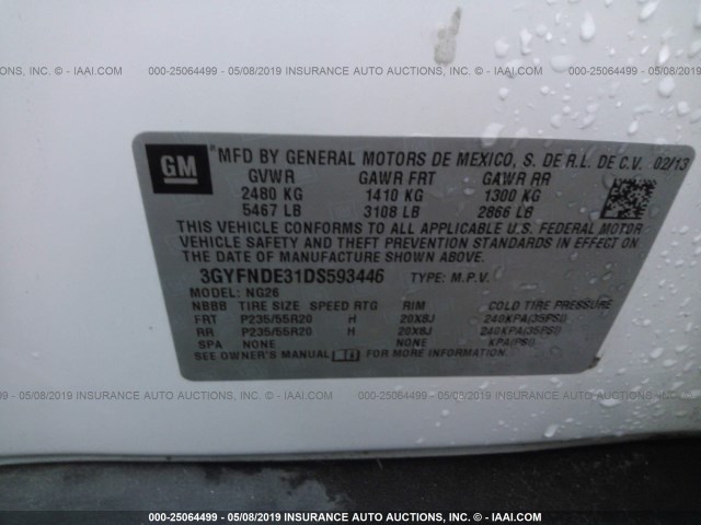 3GYFNDE31DS593446 - 2013 CADILLAC SRX PERFORMANCE COLLECTION Ақ фото 9