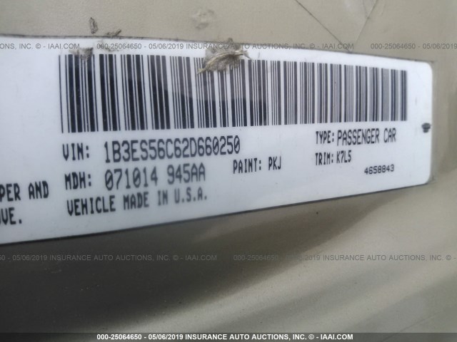 1B3ES56C62D660250 - 2002 DODGE NEON ES TAN photo 9