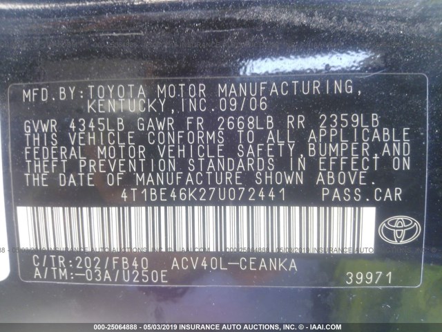 4T1BE46K27U072441 - 2007 TOYOTA CAMRY NEW GENERAT CE/LE/XLE/SE BLACK photo 9