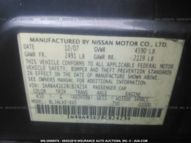 1N4BA41E28C824234 - 2008 NISSAN MAXIMA SE/SL GRAY photo 9