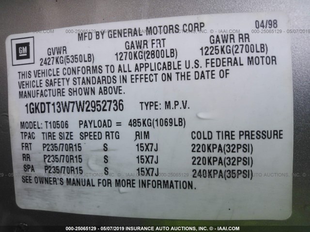 1GKDT13W7W2952736 - 1998 GMC ENVOY TAN photo 9