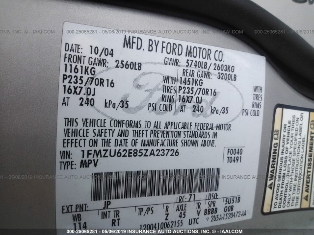 1FMZU62E85ZA23726 - 2005 FORD EXPLORER XLS/XLS SPORT 银色 照片 9