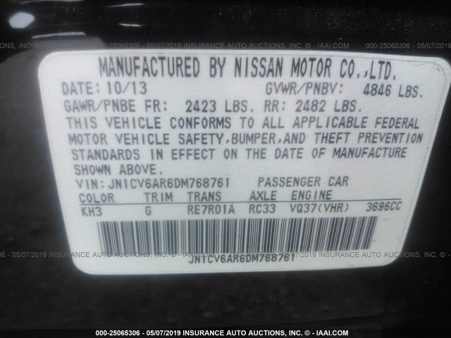 JN1CV6AR6DM768761 - 2013 INFINITI G37 BLACK photo 9