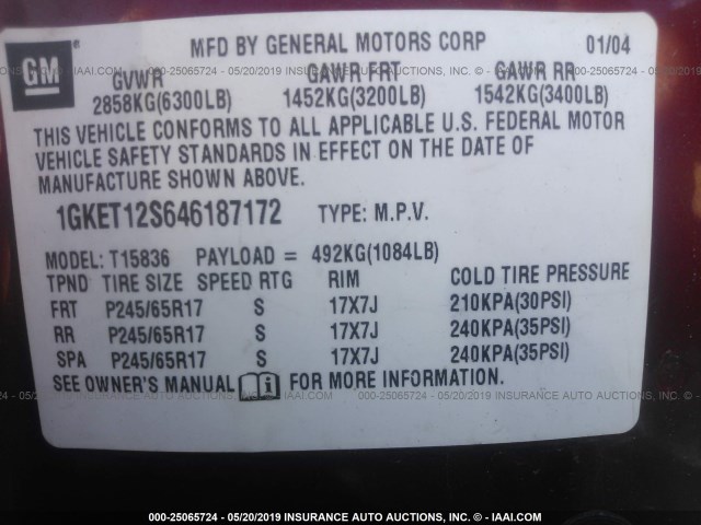 1GKET12S646187172 - 2004 GMC ENVOY XUV RED photo 9