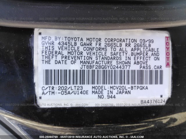 JT8BF28G6Y0244377 - 2000 LEXUS ES 300 BLACK photo 9