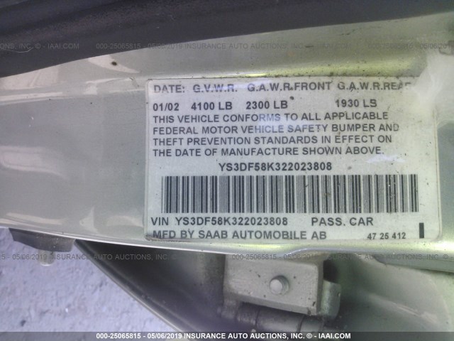 YS3DF58K322023808 - 2002 SAAB 9-3 SE GREEN photo 9