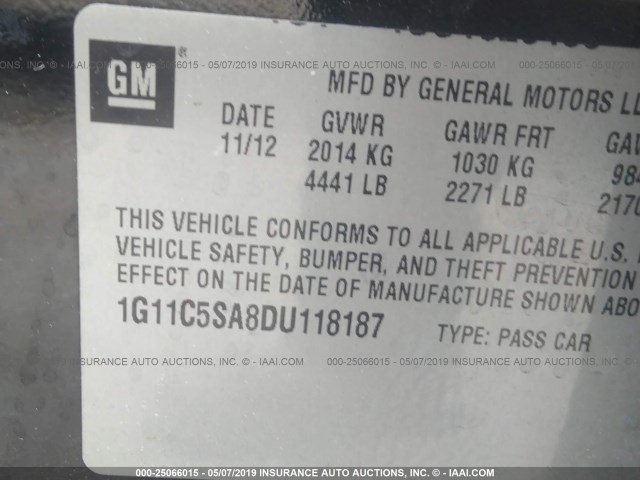 1G11C5SA8DU118187 - 2013 CHEVROLET MALIBU 1LT 黑色 照片 9