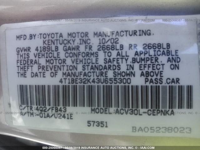 4T1BE32K43U655300 - 2003 TOYOTA CAMRY LE/XLE/SE GOLD photo 9