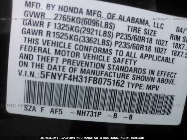 5FNYF4H31FB075162 - 2015 HONDA PILOT SE BLACK photo 9