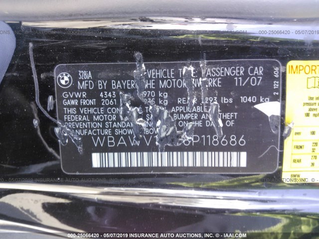 WBAWV13508P118686 - 2008 BMW 328 I SULEV BLACK photo 9