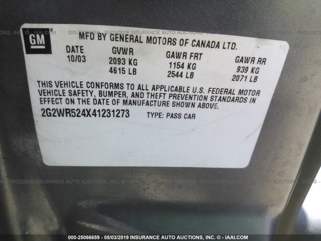 2G2WR524X41231273 - 2004 PONTIAC GRAND PRIX GTP GRAY photo 9