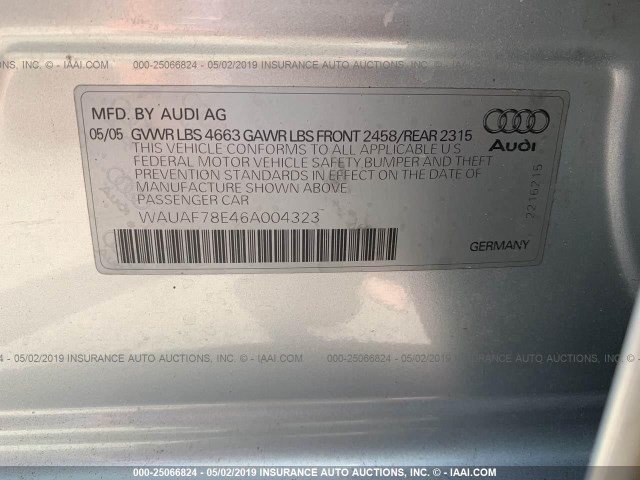 WAUAF78E46A004323 - 2006 AUDI A4 2/TURBO SILVER photo 9