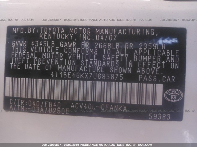 4T1BE46KX7U685875 - 2007 TOYOTA CAMRY NEW GENERAT CE/LE/XLE/SE WHITE photo 9