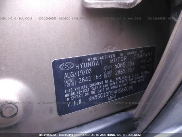 KM8SC13D94U586096 - 2004 HYUNDAI SANTA FE GLS/LX GOLD photo 9