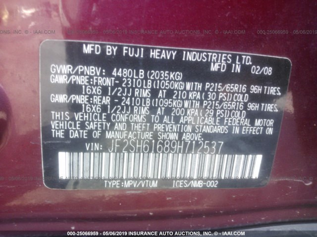 JF2SH61689H712537 - 2009 SUBARU FORESTER 2.5X RED photo 9