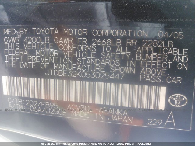 JTDBE32K053025447 - 2005 TOYOTA CAMRY LE/XLE/SE BLACK photo 9