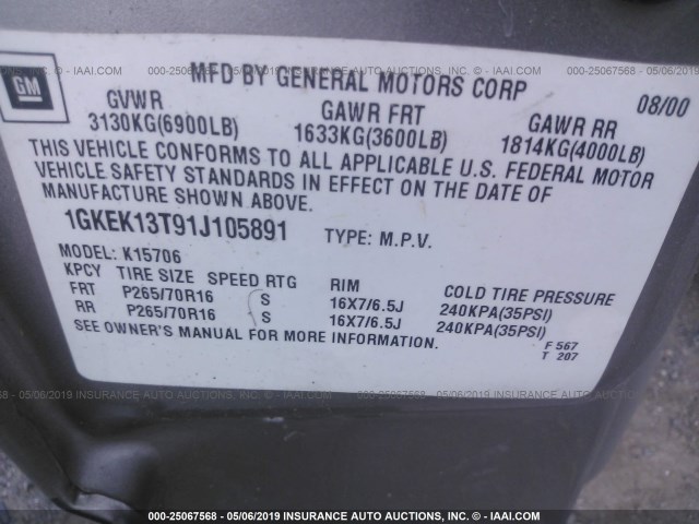 1GKEK13T91J105891 - 2001 GMC YUKON Champagne photo 9