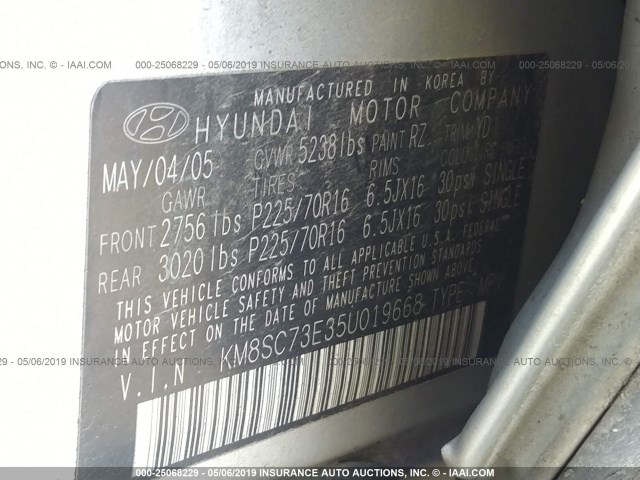 KM8SC73E35U019668 - 2005 HYUNDAI SANTA FE GLS/LX 银色 照片 9