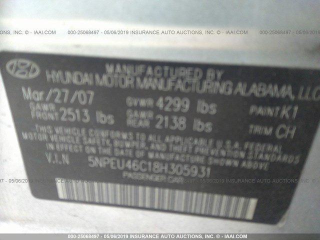 5NPEU46C18H305931 - 2008 HYUNDAI SONATA SE/LIMITED SILVER photo 9