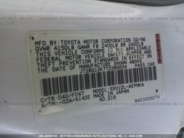 JT2BG12K7T0380654 - 1996 TOYOTA CAMRY DX/LE/XLE WHITE photo 9