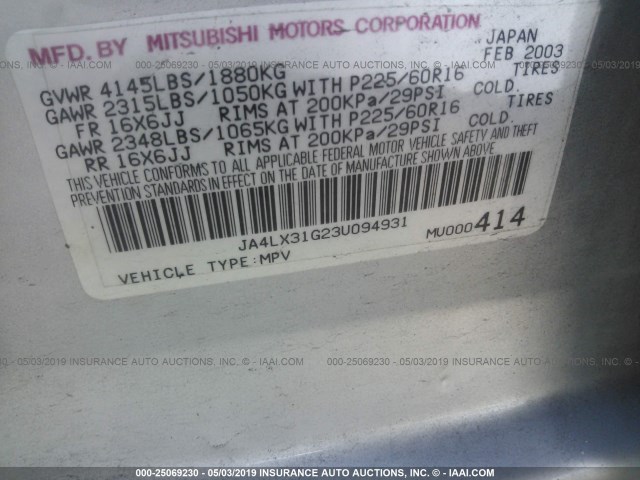 JA4LX31G23U094931 - 2003 MITSUBISHI OUTLANDER LS SILVER photo 9