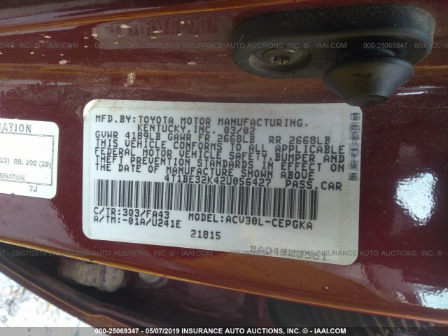 4T1BE32K42U056427 - 2002 TOYOTA CAMRY LE/XLE/SE RED photo 9