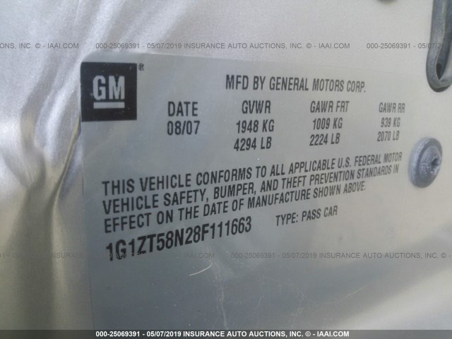 1G1ZT58N28F111663 - 2008 CHEVROLET MALIBU LT/CLASSIC GRAY photo 9