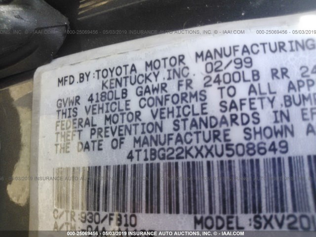 4T1BG22KXXU508649 - 1999 TOYOTA CAMRY CE/LE/XLE GRAY photo 9