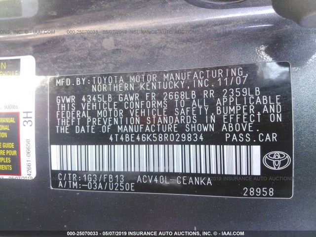 4T4BE46K58R029834 - 2008 TOYOTA CAMRY CE/LE/XLE/SE GRAY photo 9