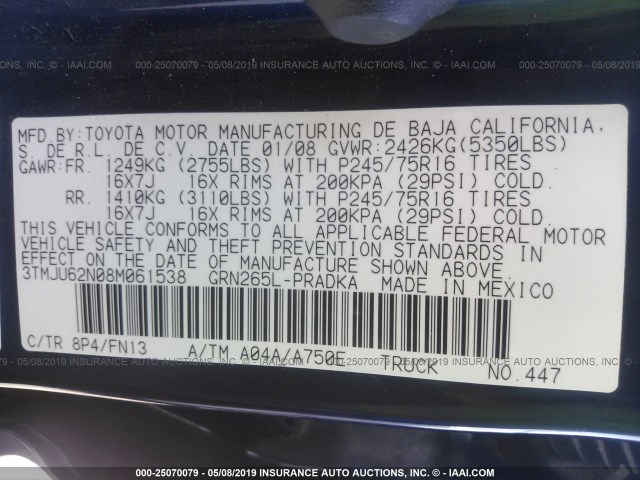 3TMJU62N08M061538 - 2008 TOYOTA TACOMA DOUBLE CAB PRERUNNER BLUE photo 9