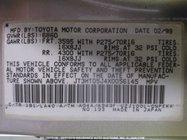 JT3HT05J4X0056145 - 1999 TOYOTA LAND CRUISER  BEIGE photo 9