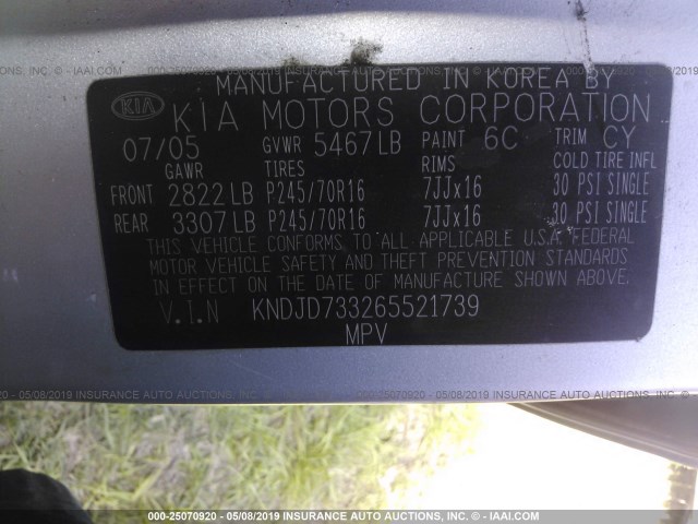 KNDJD733265521739 - 2006 KIA SORENTO EX/LX SILVER photo 9