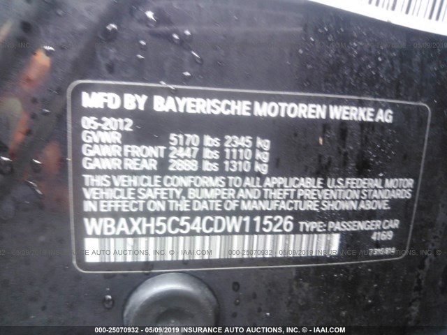 WBAXH5C54CDW11526 - 2012 BMW 528 XI BLACK photo 9